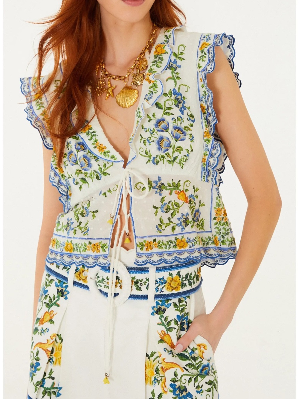 NWT Farm Rio Emily Floral Deep V-neck Tie Front Blouse Top Off White S